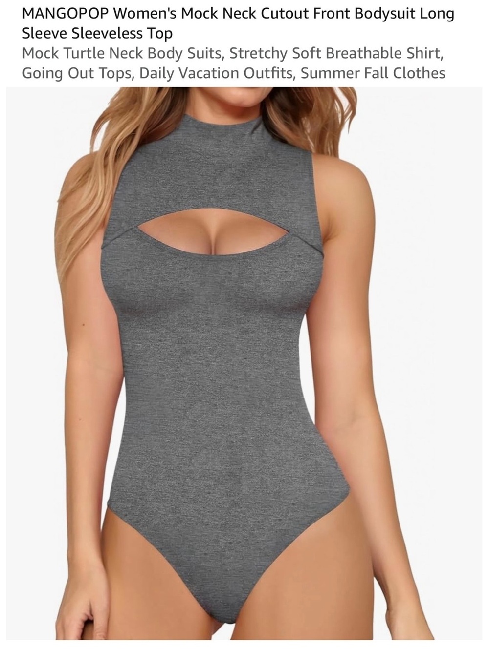 MANGOPOP Women's Mock Neck Cutout Front Sleeveless Bodysuit Top Gray XXL